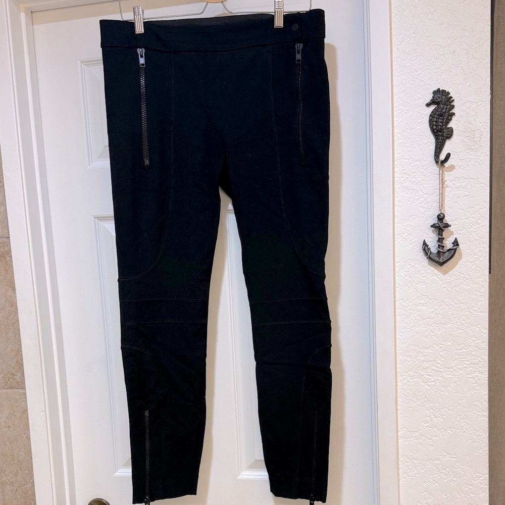 Zara Dark Black Stretch Moto Pants With Side Zippers, Size XL
